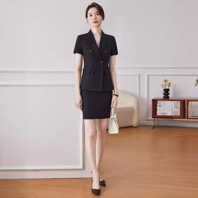 Short-sleeved Temperament Goddess Fan Front Desk Jewelry Shop Beauty Salon Work Clothes Summer Hotel Slimming Small Suit suit Dress