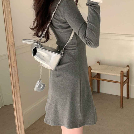 College Style Simple Elegant Gray Fake Two-Piece Knitted Dress for Women Autum Sexy Slim Shirt Hip Skirt