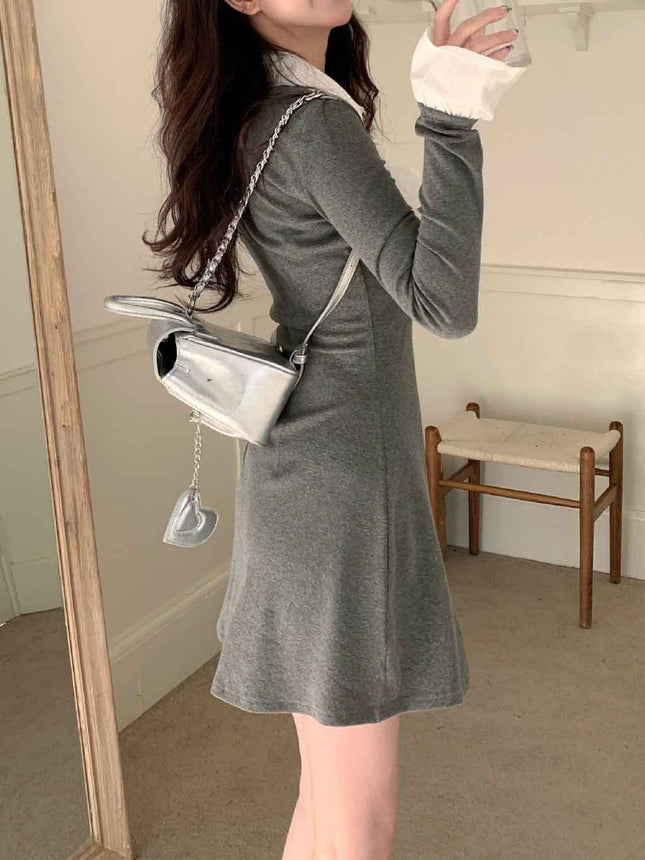 College Style Simple Elegant Gray Fake Two-Piece Knitted Dress for Women Autum Sexy Slim Shirt Hip Skirt