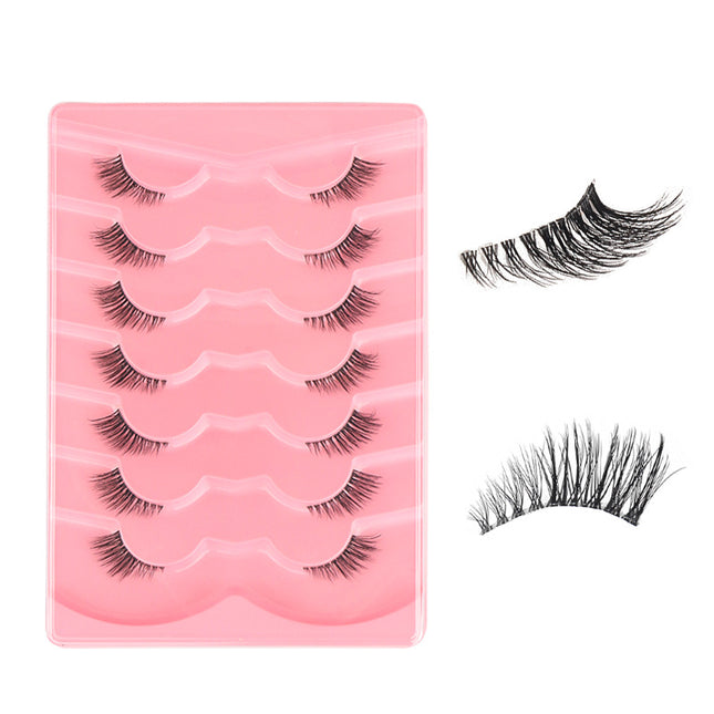 Cross-Border European and American False Eyelashes, Naturally Curled, Full Black Stem, Multi-Layered, Three-Dimensional, Orange Tray, One-Piece Set of 7 Pairs of Eyelashes