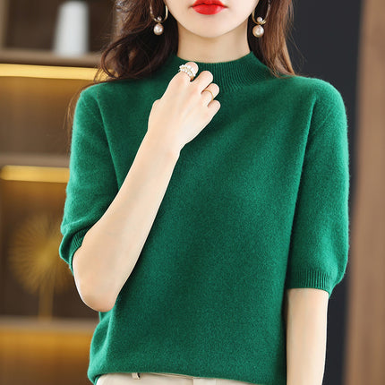 Spring and Autumn New Style Half Turtleneck Mid-Sleeve Bottoming Shirt Thin Knitwear Women's Loose Knitted Knitwear Short-Sleeved Three-Quarter Sleeve Top