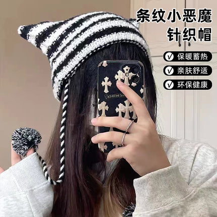 New Cross-border Foreign Trade Striped Deviruchi Knitted Hat Autumn and Winter Ear Protection Warm Face Hair Ball Small Wool Hat