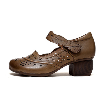 Shanghai Jie suddenly new first layer cowhide round toe brushed Velcro small low heel hole shoes retro style casual women's shoes