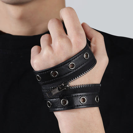 New Foreign Trade European and American Rivet Chain Punk Jewelry Cowhide Bracelet Women's Round Hole Middle Zipper Wide Leather Jewelry