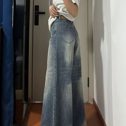 Vintage Washed Wide-Leg Jeans for Women 2025 Autumn New High-Waisted Loose Slimming Straight-Leg Floor-Length Pants