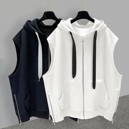 Hong Kong-style hooded vest men's outerwear handsome trend handsome zipper slit design sense sleeveless vest loose all-match