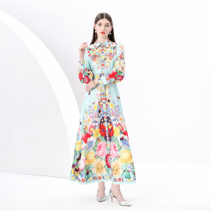 2025 early spring-palace style painted lapel single door lapel lantern sleeve retro printed dress