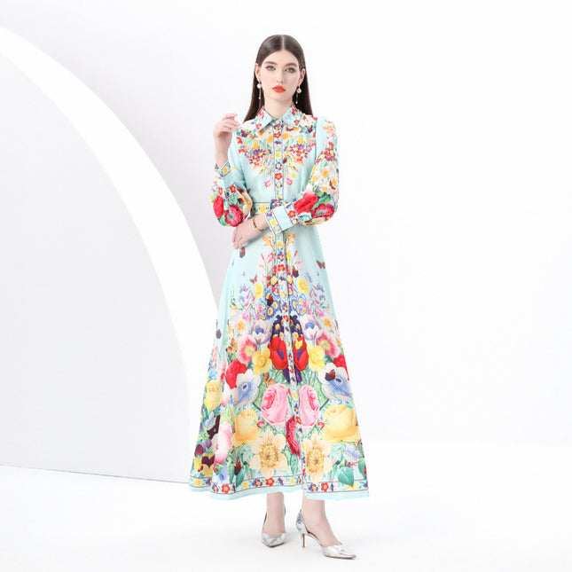 2025 early spring-palace style painted lapel single door lapel lantern sleeve retro printed dress