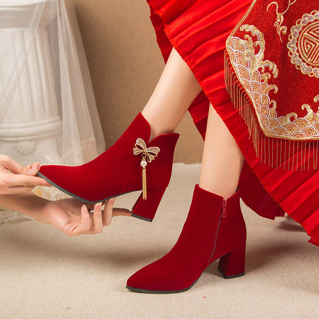 2026 New Style Bowknot Rhinestone Beaded Wedding Shoes Korean Style Tassel Chunky Heel Comfortable Bridal Boots Burgundy Fashion Boots