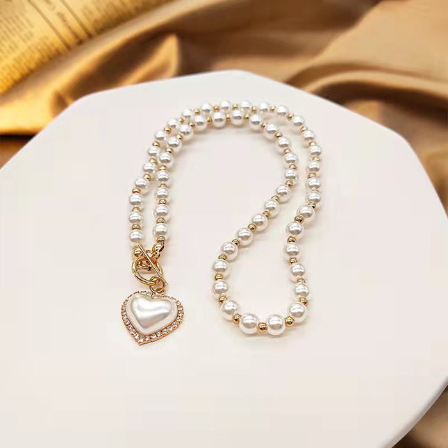 South Korea Dongdaemun Fashion Pearl Necklace Women Love Shell Pendant Collarbone Chain ins Cold Style Simple Necklace Chain