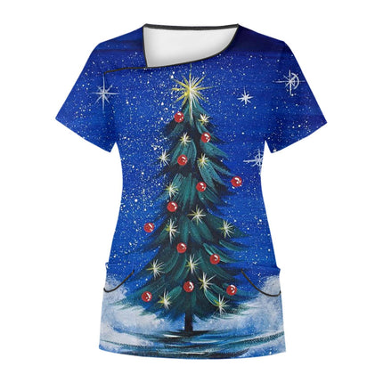 Cross-Border Aliexpress Amazon Women's Short-Sleeved Christmas Positioning Printed Flap Pocket Pants Top Scrub Clothes T-Shirt