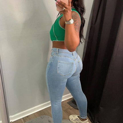 Guangzhou Supply Tiktok Pop In-Stock Plus-Size Women's High-Stretch Zippered Mid-Waist Skinny Jeans