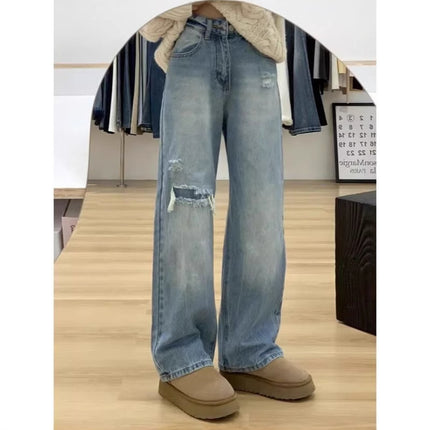 Cross-border Hot-selling American-style Ripped High Waist Wide Leg Jeans Women Spring and Summer New Straight Loose Slimming Mop Pants