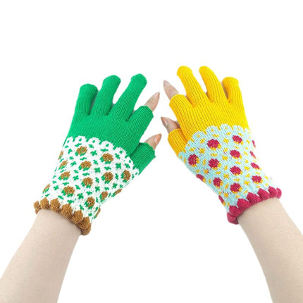 Women's autumn and winter warm touch screen exposed two-finger student writing adult office wool knitted half-finger gloves for men