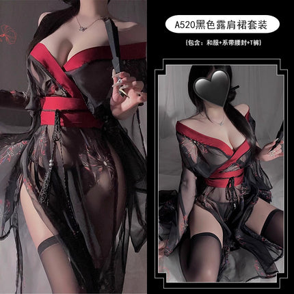 Floral Lingerie Uniform Pure Desire No Need to Take Off Printed Black Japanese Kimono Clothing Set Women A520 Erotic Kimono
