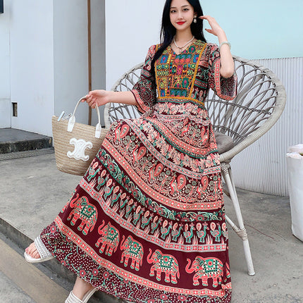 Amazon Cotton Silk Beach Dress Ethnic Style Large Swing Dress V-Neck Mid-Sleeve Dress Embroidered Vintage Floral Long Dress