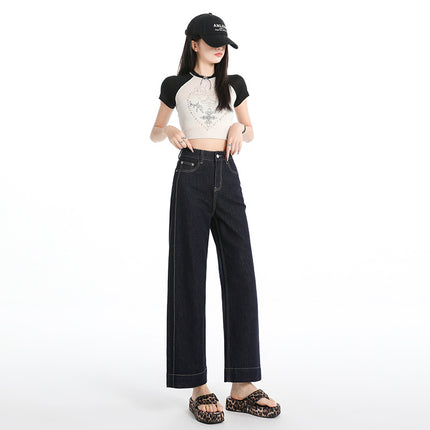 Raccoon House # Lyocell Loose Baguette Pants High-Waisted Elastic Straight Pear-Shaped Figure Slim Jeans for Women