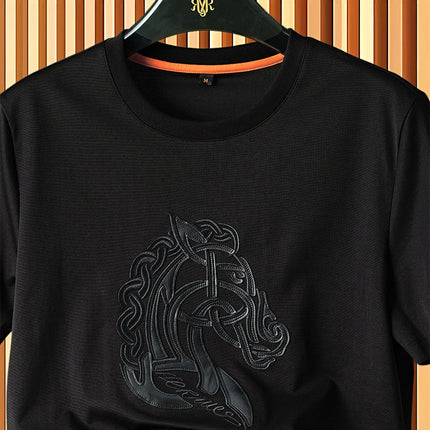 [Light Luxury and Classy] War Horse Leather Embroider Men's Short-Sleeved Summer Fashion Casual Versatile Round Neck T-Shirt Thin