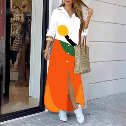 Amazon AliExpress Cross-border Women's New Fashion Long Sleeve Printed Shirt Dress Long dress
