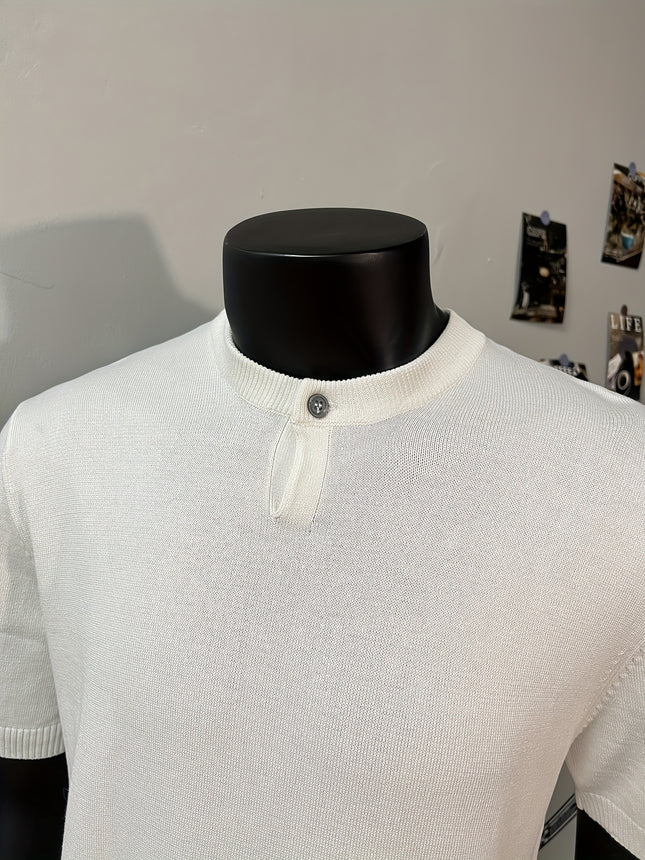 Men's White Henley Collar Short Sleeve Knitwear, Slim Fit, Figure-Displaying, Casual Single Button Design