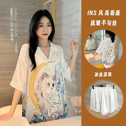Summer New Style Fashionable Pure Lust Sexy Ice Silk Shirt Pajamas Loose High-End Home Wear Suit for Women