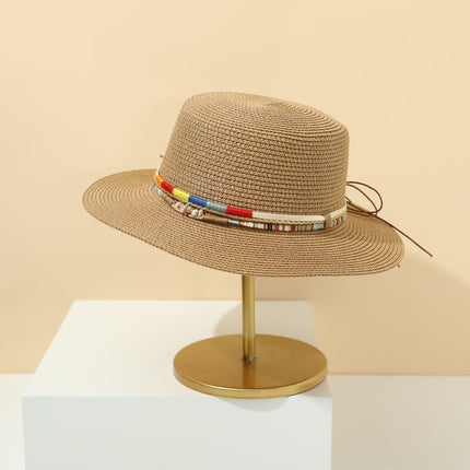 Straw Hat Bohemian Flat Brim Flat Top British Hat Women's Summer Outing Sunshade Sunscreen Hat Flat Top Straw Hat Beyond Piece