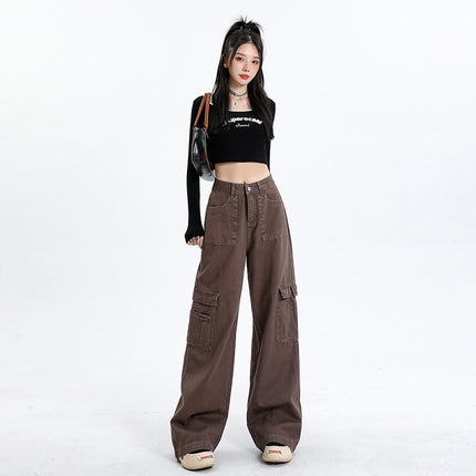 Brown American Workwear Jeans for Women 2025 Autum New High-Waisted Loose Slimming Look Straight Wide-Leg Floor-Length Pants