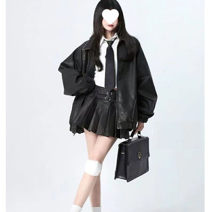 Autumn and Winter American Leather Skirt Retro Sexy High Waist Pu Pleated Skirt Slimming Look Skirt Pleated Short Skirt
