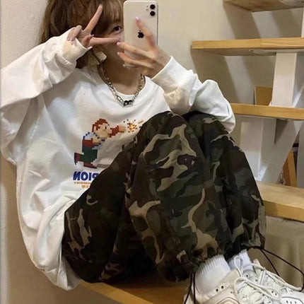 Army Green Commuter Camouflage Overalls Men's and Women's Summer National Fashion Casual Loose Dosing Wide-Leg Straight Pants