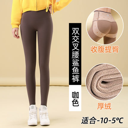2025 Autumn/Winter New Fleece-Lined Shark Pants for Women, High-Waisted, Tummy Control, Butt-Lifting, Slimming, Cross-Waist Yoga Pants