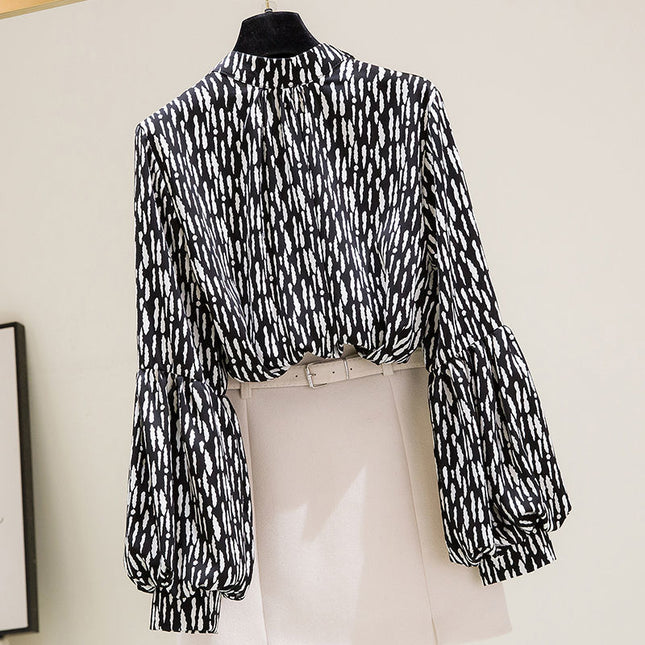 Spring New Fashion Floral Silk Shirt Women's Design Sense Niche Chiffon Lantern Sleeve Shirt Lace Shirt, Snow