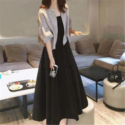 plus size women's clothing 2023 spring and summer new two-piece women's beaded coat long slim dress suit tide