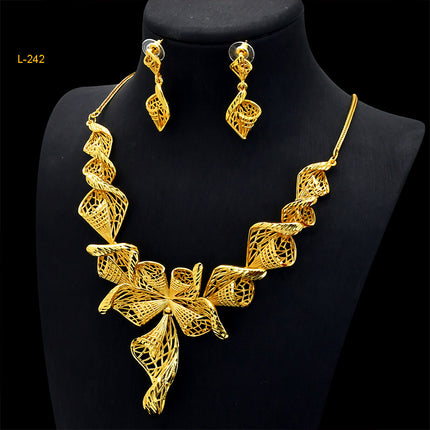 Imitation gold flower necklace earrings suit Dubai India Nigeria brass gold plated women wedding jewelry lot