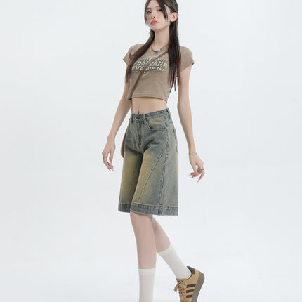 American Retro Old Washed Denim Shorts New Loose Slimming High Waist Non-bullet Mid-length Pants