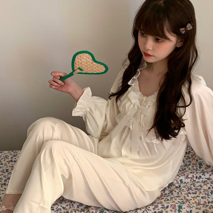 First Love Pajamas Women's Autumn and Winter Ice Silk Long Sleeve Suit Early Autumn French Retro Pure Desire with Hair Tie Home Clothes