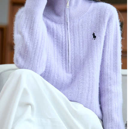 Autumn and Winter New Women's 100% Pure Wool Sweater Thickened Half-Zip Collar Cable Embroidered Horse Knit Sweater Base Layer
