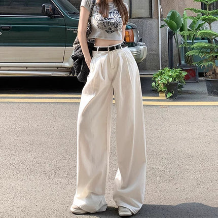 White Wide Leg Jeans Women's Trendy All-match New High Waist Slimming Pleated Lazy Drape Straight Trousers