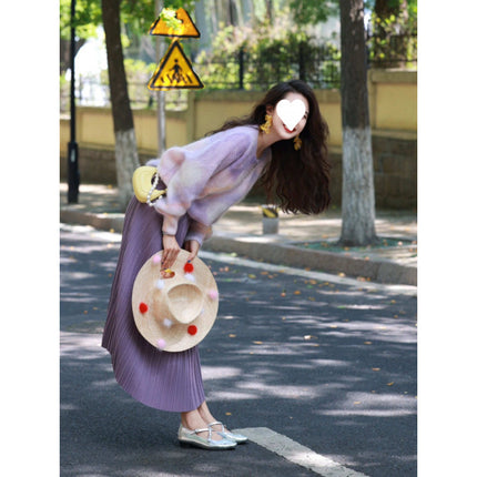 Autumn outfit with a set of gentle wear purple knitted sweater with high waist skirt slimming two-piece set
