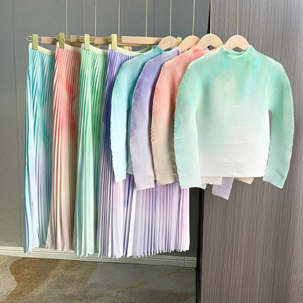 Gradient Print Stylish Age-Reducing Long-Sleeve Top Two-Piece Set European and American Export Pleated Slim-Fit Slimming Pleated Skirt
