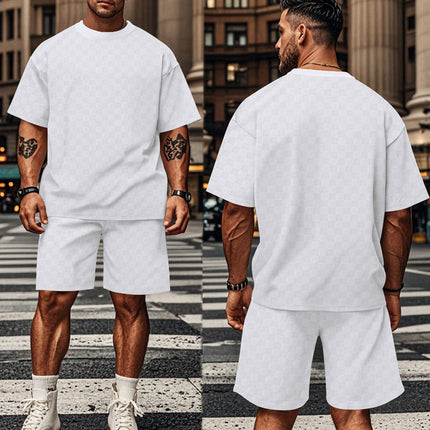 2024 Cross-border Hot Chessboard Sports Leisure suit Amazon Hot Round Neck Short Sleeve Shorts for Men
