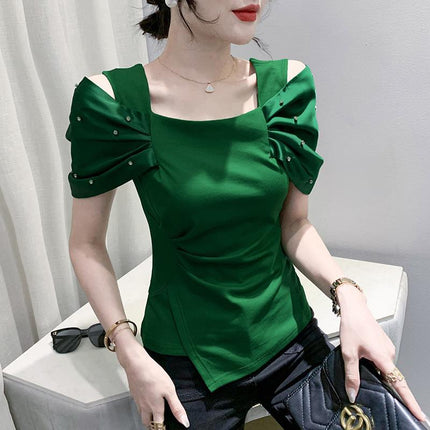 European goods 2024# European goods summer new nail drill pleated sleeve shoulder high quality women's fashion T-shirt small shirt generation
