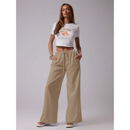 Cross-Border Bottoms Linen Texture Lace-Up Waist Pants Vacation Style Summer Bohemian Style Elegant