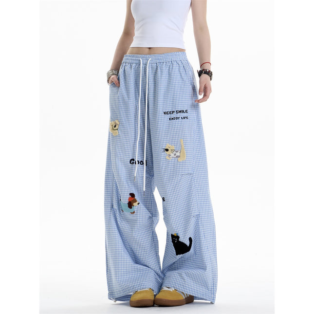 Fun Towel Embroidered Puppy Plaid Casual Pants for Women in Autumn, Lazy Style, Loose Slimming Straight Drape Walking Pants