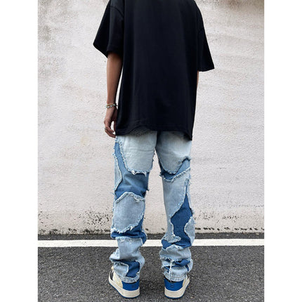 American Street Knife Cut Hole Patch Washed Straight Jeans Men's and Women's High Street Personalized Hip-Hop Loose Long Pants