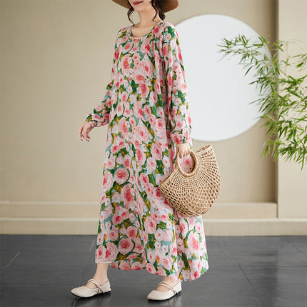 Real shot 2025 spring new literary retro long sleeve age-reducing temperament women's printing casual long dress