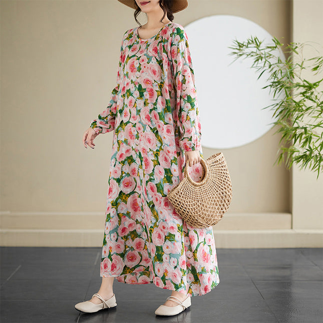 Real shot 2025 spring new literary retro long sleeve age-reducing temperament women's printing casual long dress