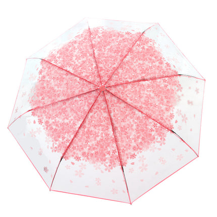 Fully Automatic Folding Plastic Transparent Cherry Blossom Umbrella for Women, Long Handle Apollo Style, Fresh and Simple, for Children, Students, Performances, Wholesale