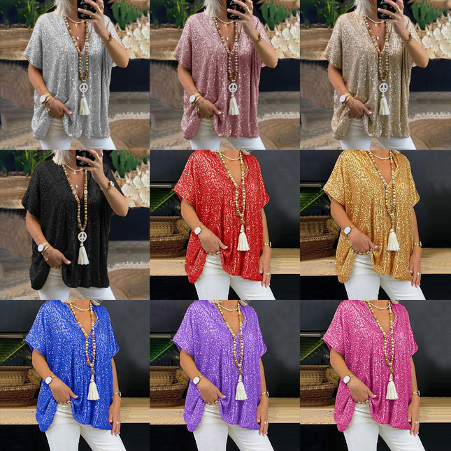2025 New European and American Amazon Short-Sleeved Urban Casual Color Loose Pullover Sequined V Neck T-Shirt Tops for Women