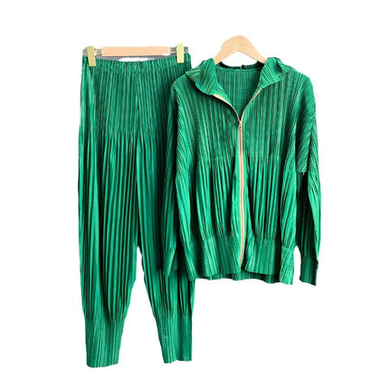 Miyake-Style Women's High-End Two-Piece Set 2026 Hooded Zip-Up Jacket Versatile Pleated Pants Casual Outfit Set