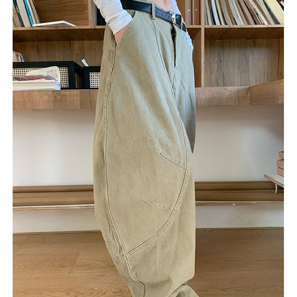 Vintage Long Pants for Women, Deconstructed Versatile High Street Wide-Leg Straight Casual Pants, Men's Style, Spring and Autumn Design, Loose American Green